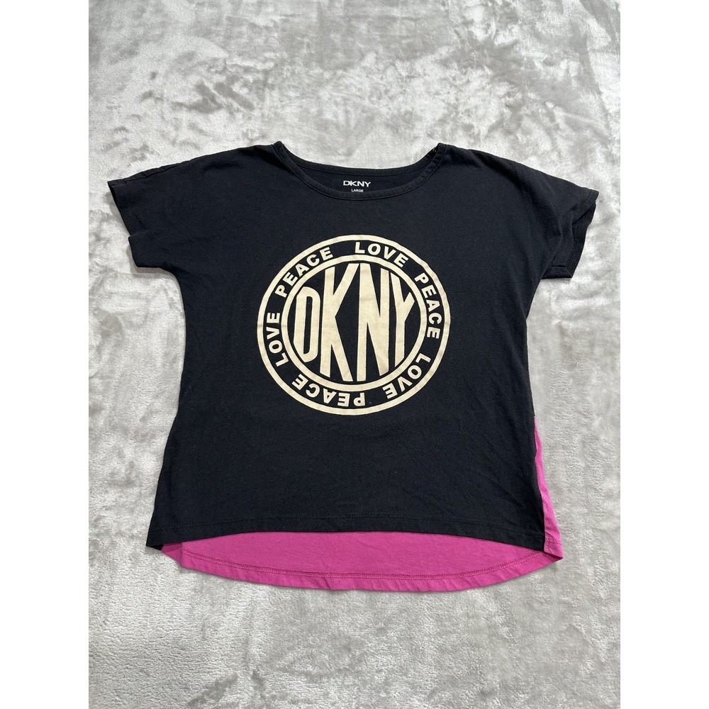 DKNY T-Shirt Women's Size Large Black Pink Short Sleeve‎ Peace Love EUC